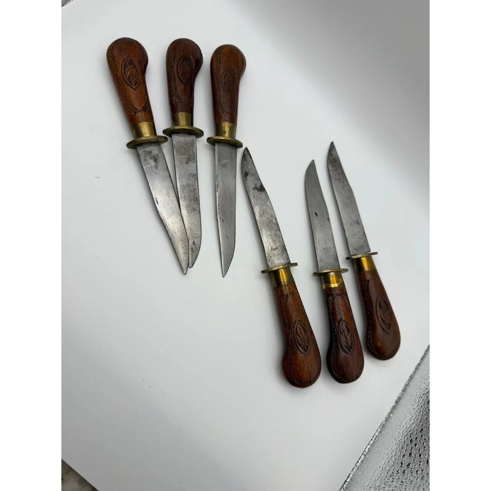 Vintage Hand Carved Wood Brass Steak Knife Set 6pc India Floral Storage Block